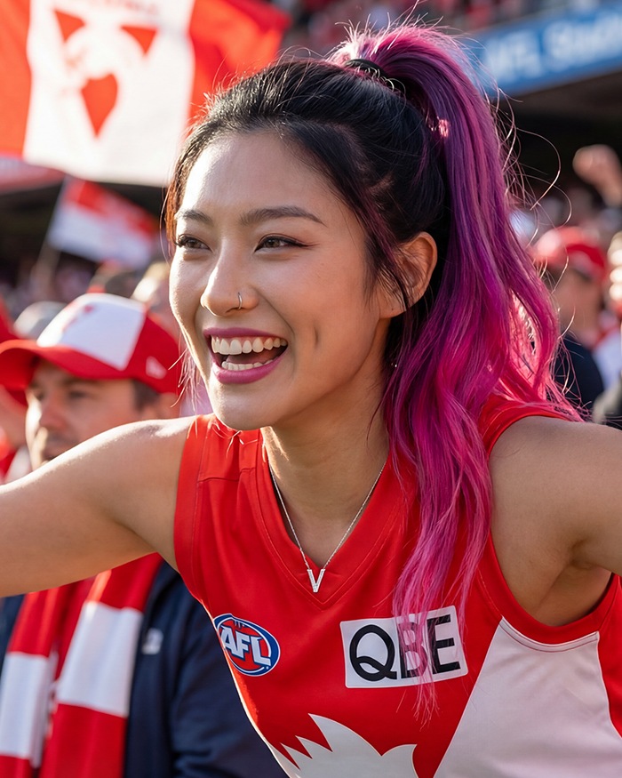 Vela Raye on game day supporting the Sydney Swans