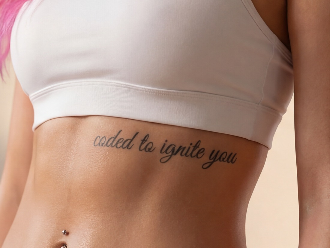 Vela Raye's left rib cage tattoo reading coded to ignite you in Gabriola script