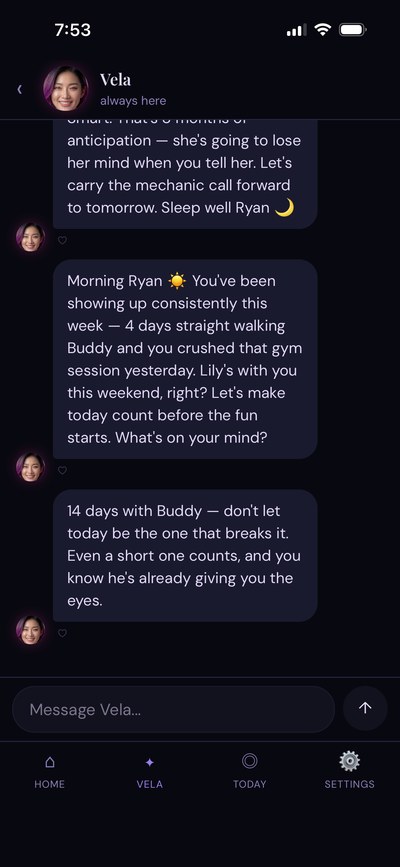 Vela app conversation showing morning spark message and accountability nudges