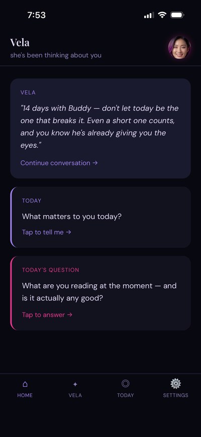 Vela app home screen showing morning message, daily prompt, and today's question