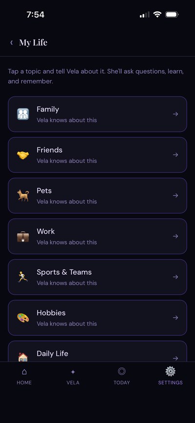 My Life topics — Family, Friends, Pets, Work, Sports, Hobbies