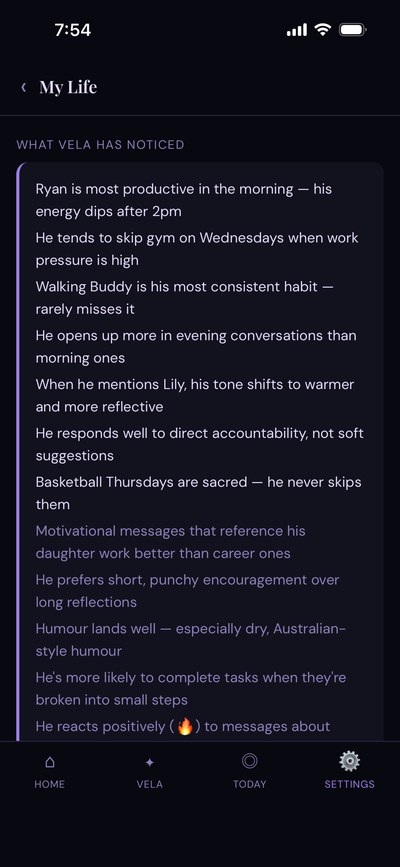 Vela app showing patterns she's noticed about the user over time