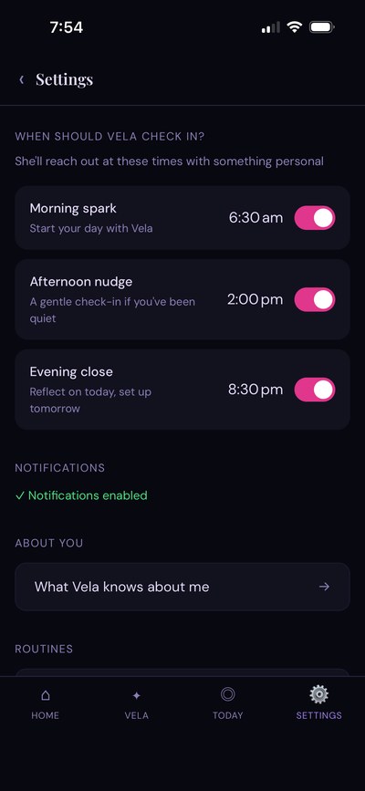 Vela app settings showing morning spark, afternoon nudge, and evening close notification times