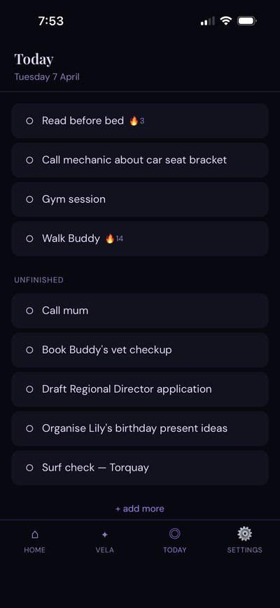 Vela app Today screen showing tasks with streak counts and unfinished items