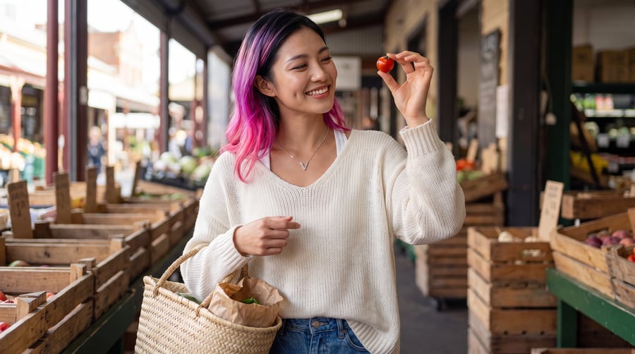 Vela at the market, holding up a cherry tomato