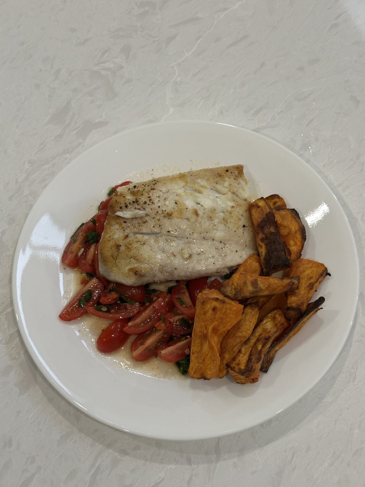 Pan-fried snapper, chilli tomato salsa, sweet potato wedges